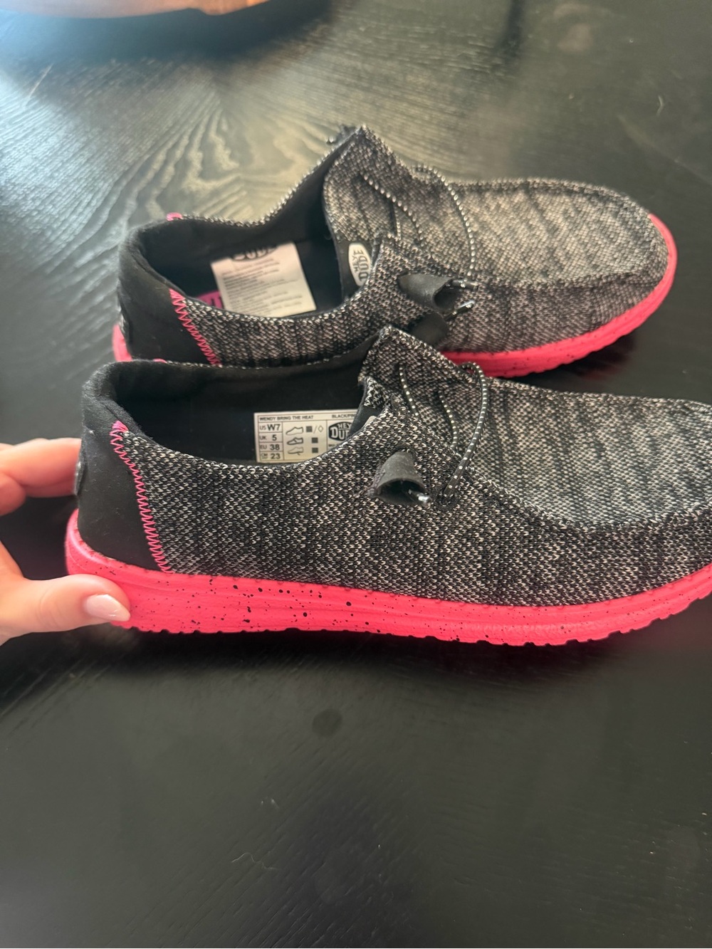 Hey Dude Black Knit Slip-On Sneakers with Pink Sole